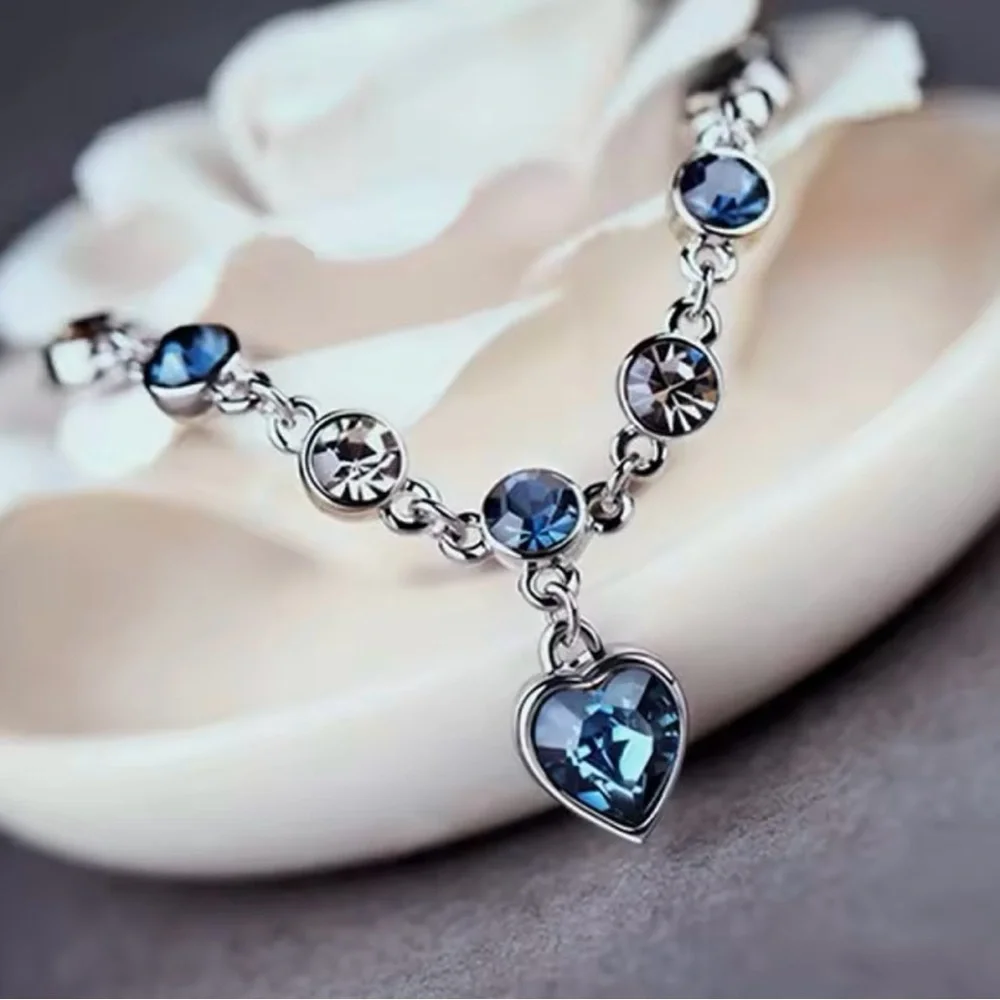 Blue Heart Zircon Bracelets New Shiny Blue Crystal Love  Bracelet 8”+2” - Picture 2 of 7